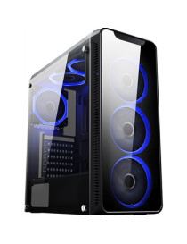 CiT Blaze Mid Tower 1 x USB 3.0 / 2 x USB 2.0 Tempered Glass Side & Front Window Panels Black Case with Blue LED Fans