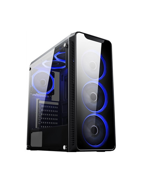 CiT Blaze Mid Tower 1 x USB 3.0 / 2 x USB 2.0 Tempered Glass Side & Front Window Panels Black Case with Blue LED Fans