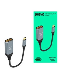 Prevo USBC-DP-ADA Display Converter Adapter  USB Type-C (M) to DisplayPort (F)  0.2m  Black & Silver  DisplayPort 1.4  Supports up to 8K@30Hz  Braided Cable  Retail Box Packaging