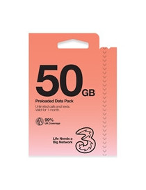 Three 50GB (normally 25GB) Prepaid Voice & Data SIM - 4G / 5G with 99% UK Coverage & 70+ Go Roam Worldwide Destinations