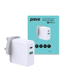 Prevo QC72 65W USB Type-C & USB Type-A Fast Charge Mains Charger with Qualcomm Quick Charge 3.0 and 1.5m 100W USB-C Cable for Laptops  Ultrabooks  Chromebooks  iPads  MacBooks  Smartphones  Tablets...