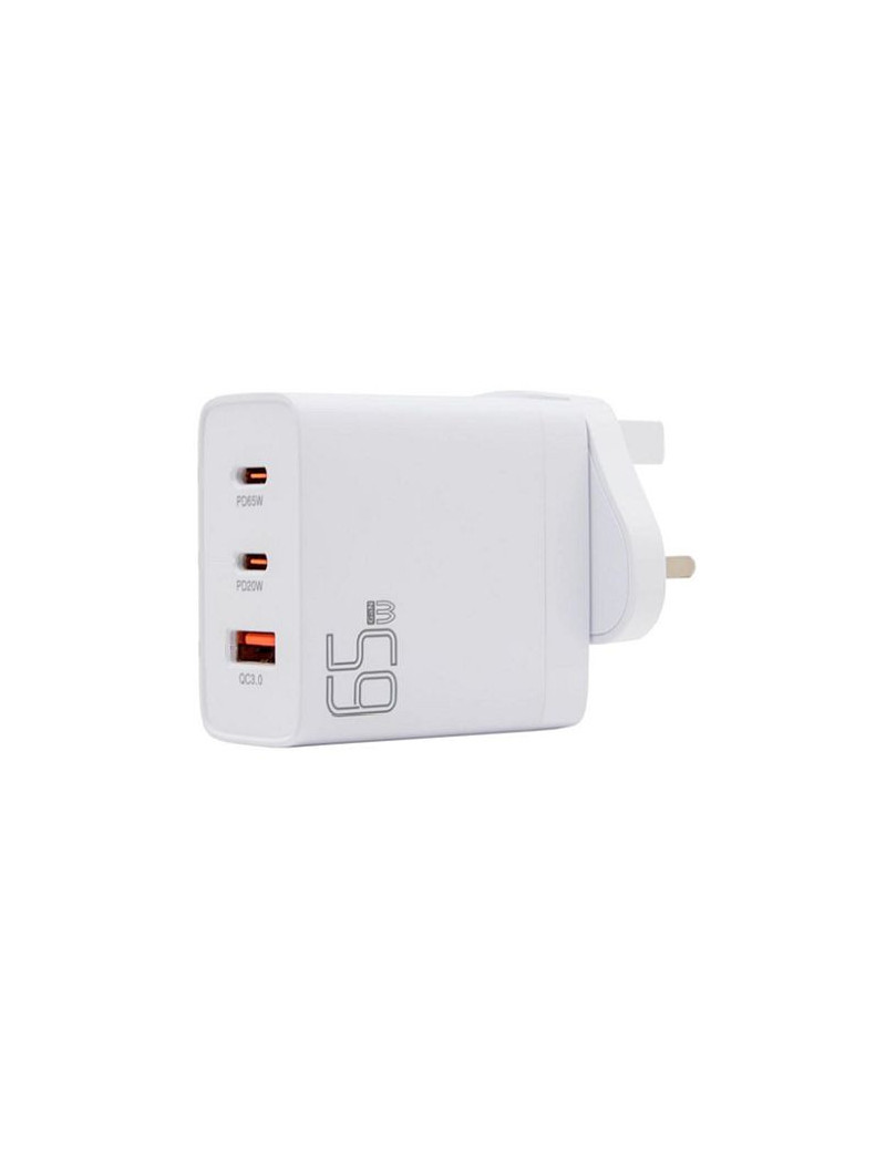 Pama 3-pin Wall Plug USB-C & USB-A Charger  1x USB-C 65W (for Laptops)  1x USB-C 20W  1x USB-A QC3.0